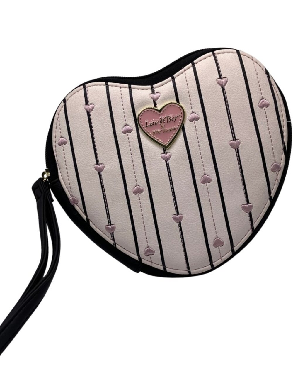 Luv Betsey by Betsey Johnson Pink & Black Striped Heart Wristlet Coin Card Purse